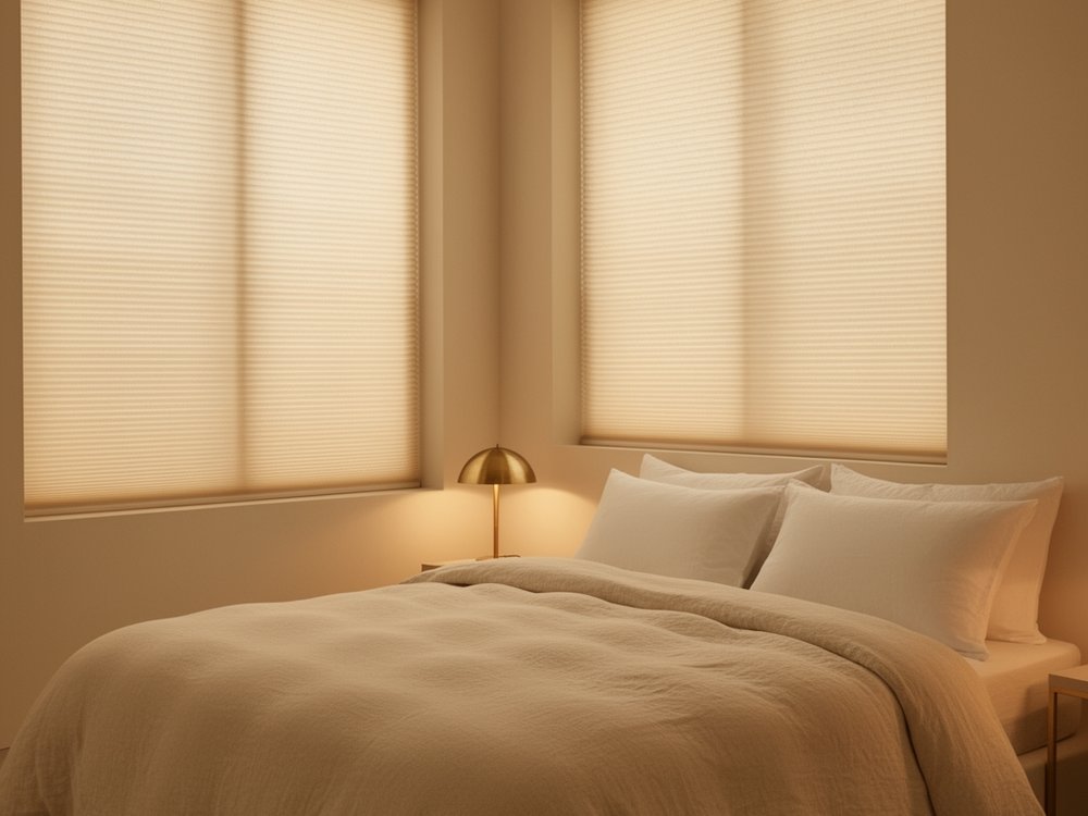 Cellular honeycomb shades lowered in a cozy bedroom with warm light