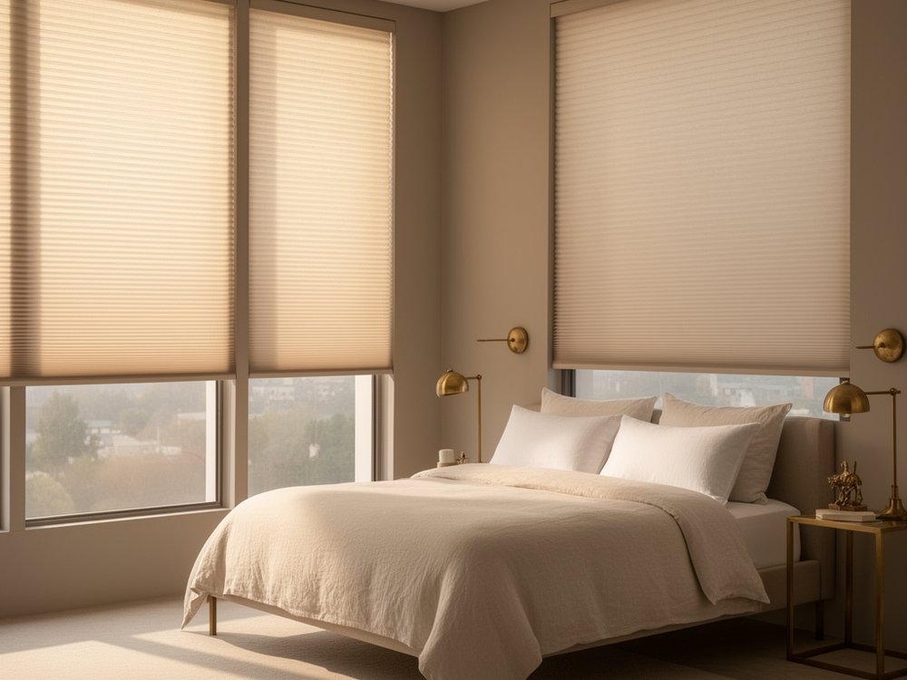 Motorized cellular honeycomb shades at different heights in a modern bedroom