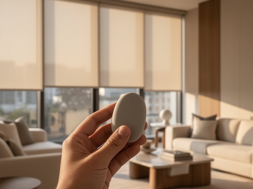 Hunter Douglas Pebble remote controlling motorized roller shades in a modern living room