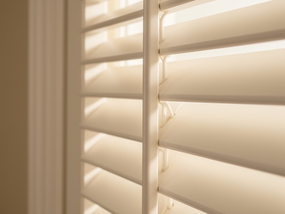 Close-up of white plantation shutter louvers and tilt bar
