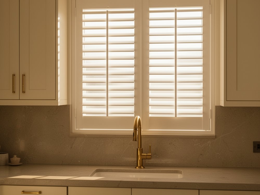 Waterproof white plantation shutters above a kitchen sink with brass faucet
